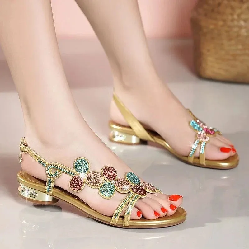 Felicity - Delicate Rhinestone Low Heel Sandals for Women