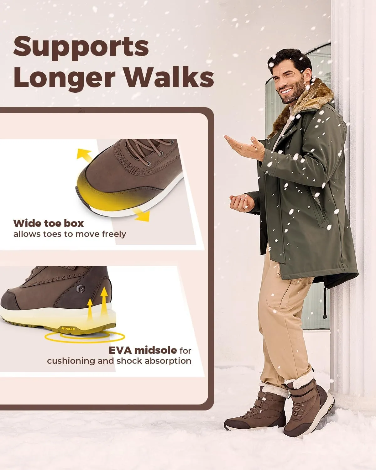FitVille Wide Mens Snow Boots Fur Lining Extra Wide Winter Boots for Men Waterproof Non-slip Warm Shoes for Outdoor Hiking