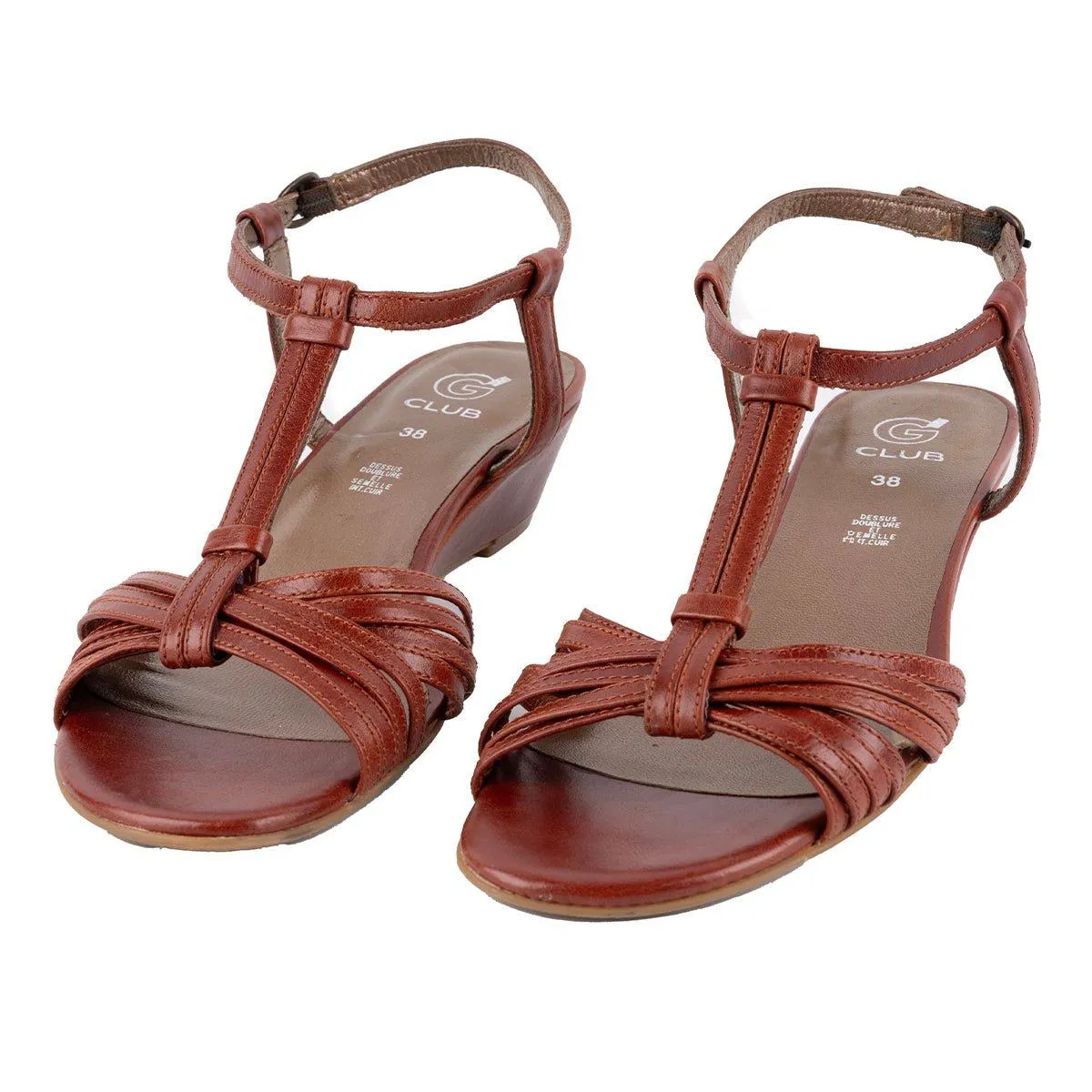 G Club Strap Wedge Sandals Leather Brown Colour For Women