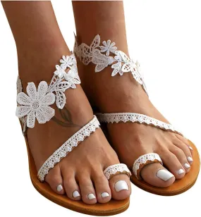 Hbeylia Womens Flat Sandals Jewelry Toe Ring Casual Lace Floral Beach Flip Flops Comfy Summer Shoes Elegant Roman Gladiator Sandals for Wedding Bride Travel
