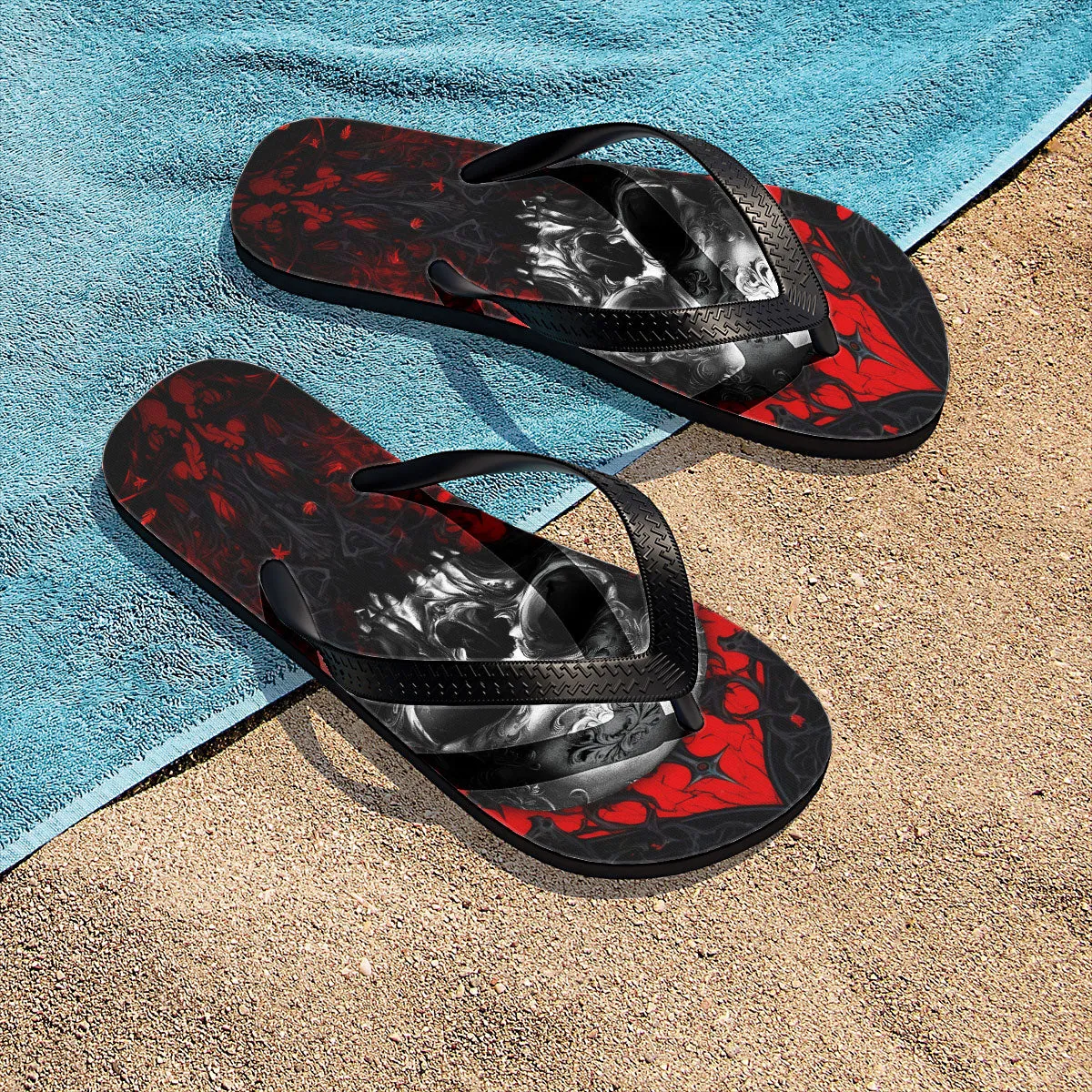 Red Skull Silver Gothic Flip Flops for Women Beach