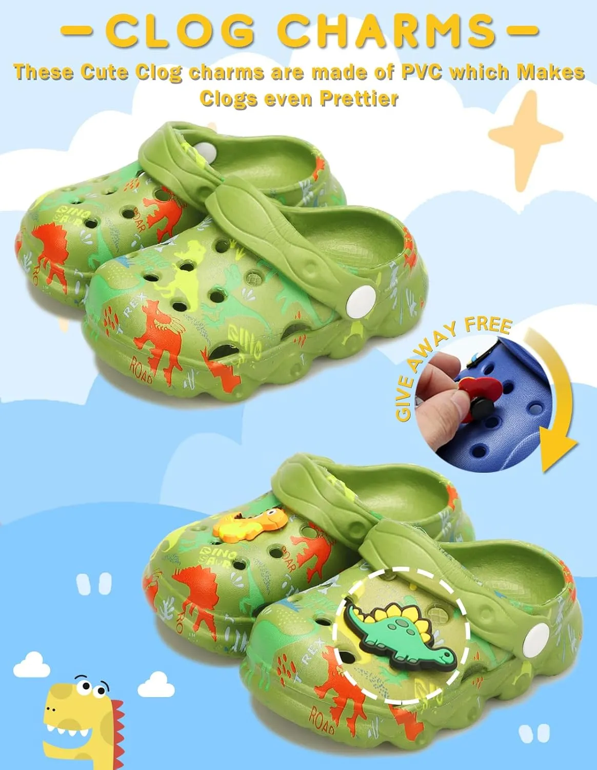Toddler Clogs Boys Girls Kids Dinosaur Garden Shoes Slip on Sandals Slides Water Summer Shoes for Outdoor Beach Pool