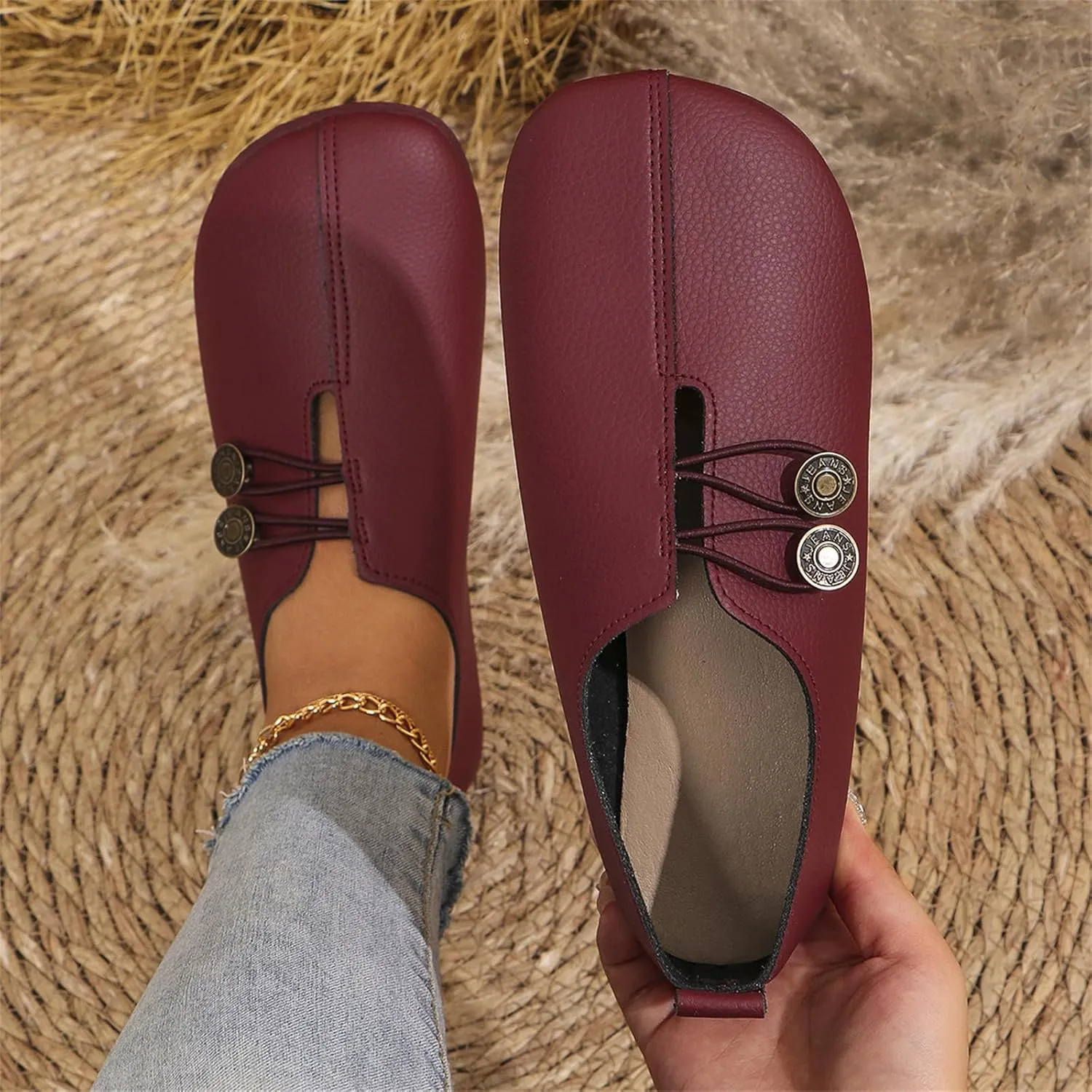 Womens Flats Shoes Slip On Closed Toe Round Head Sandals with Button Business Lightweight Loafers Shoes for Everyday Elegance