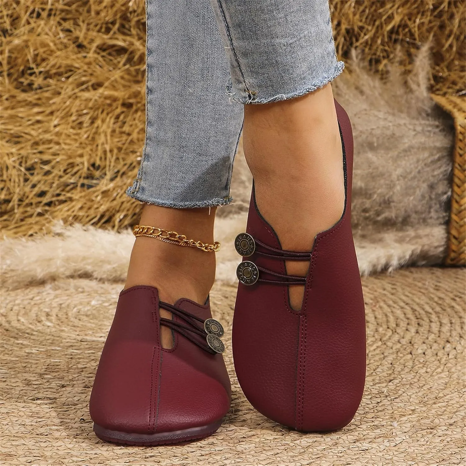 Womens Flats Shoes Slip On Closed Toe Round Head Sandals with Button Business Lightweight Loafers Shoes for Everyday Elegance