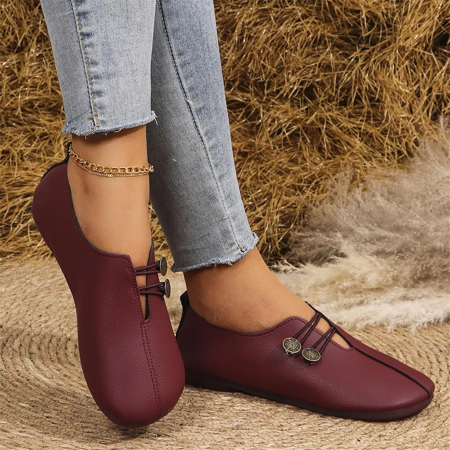 Womens Flats Shoes Slip On Closed Toe Round Head Sandals with Button Business Lightweight Loafers Shoes for Everyday Elegance